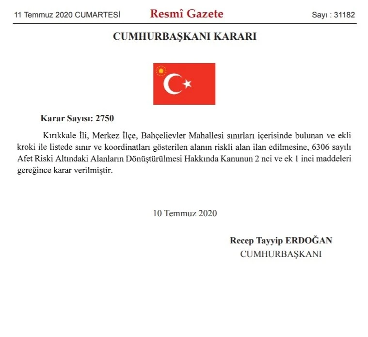 Cumhurbaşkanı Erdoğan'ın imzasıyla bir bölge riskli alan ilan edildi