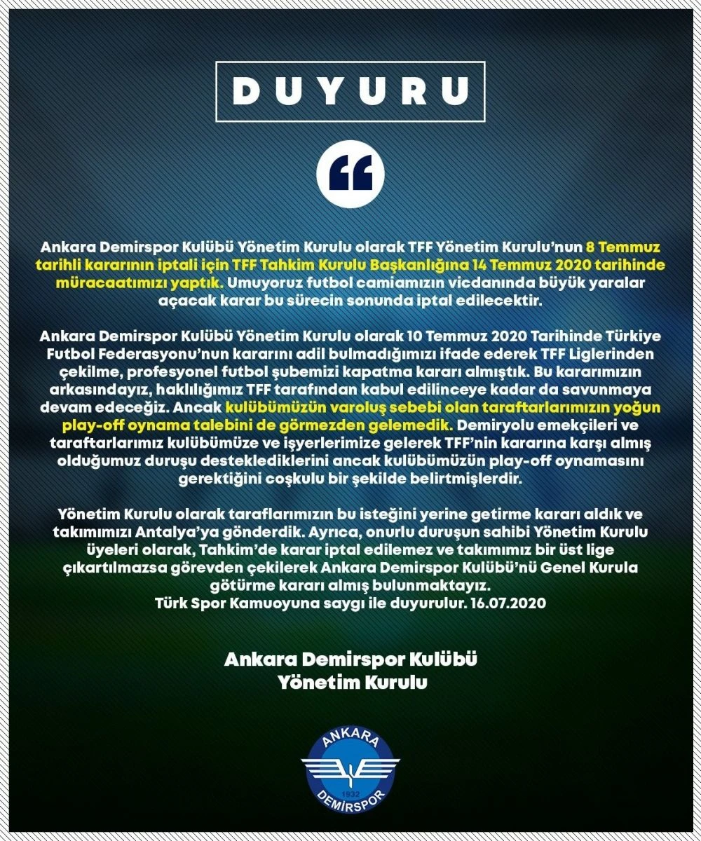 Ankara Demirspor, Play-Off maçlarına çıkma kararı aldı