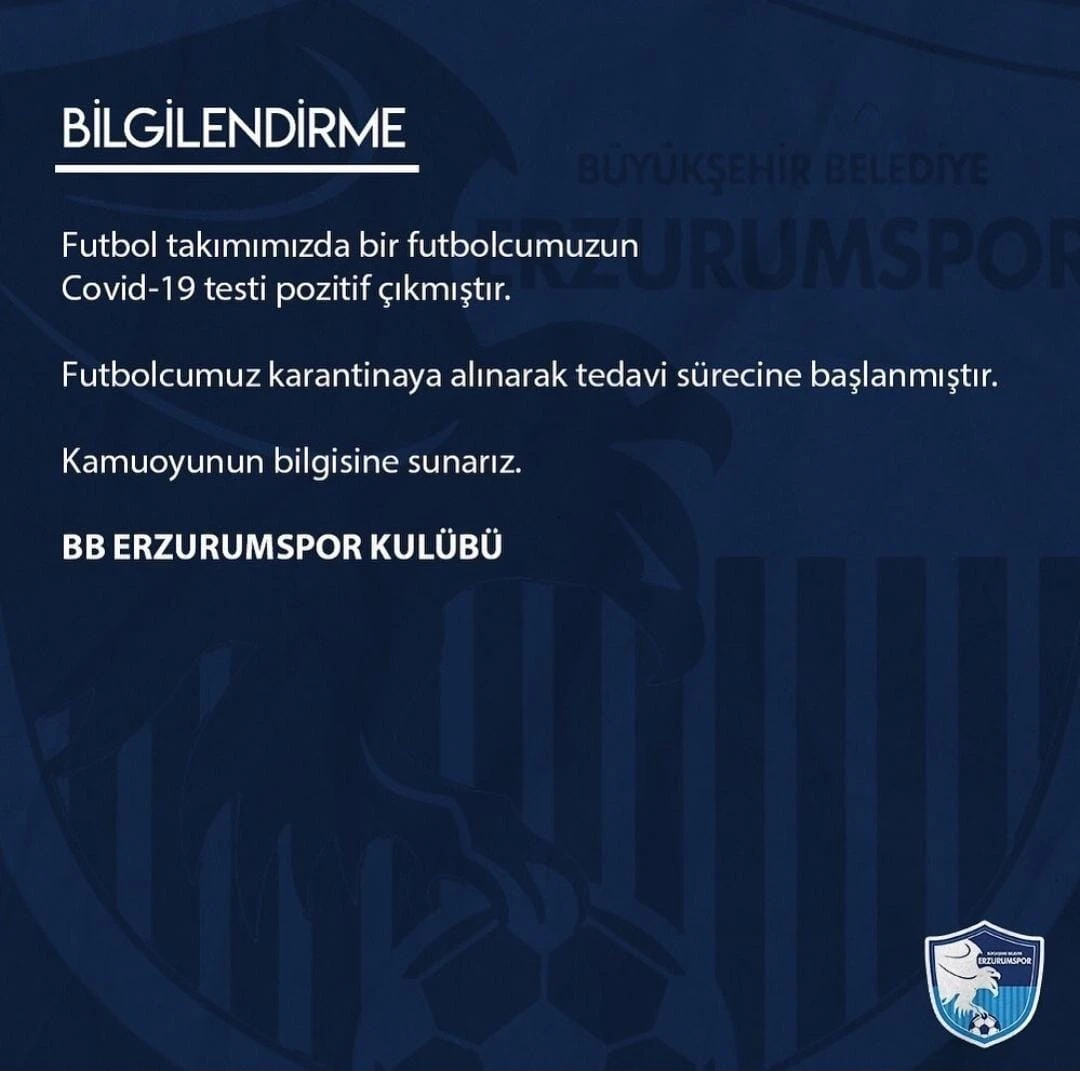 BB Erzurumspor'da bir futbolcunun daha koronavirüs testi pozitif çıktı