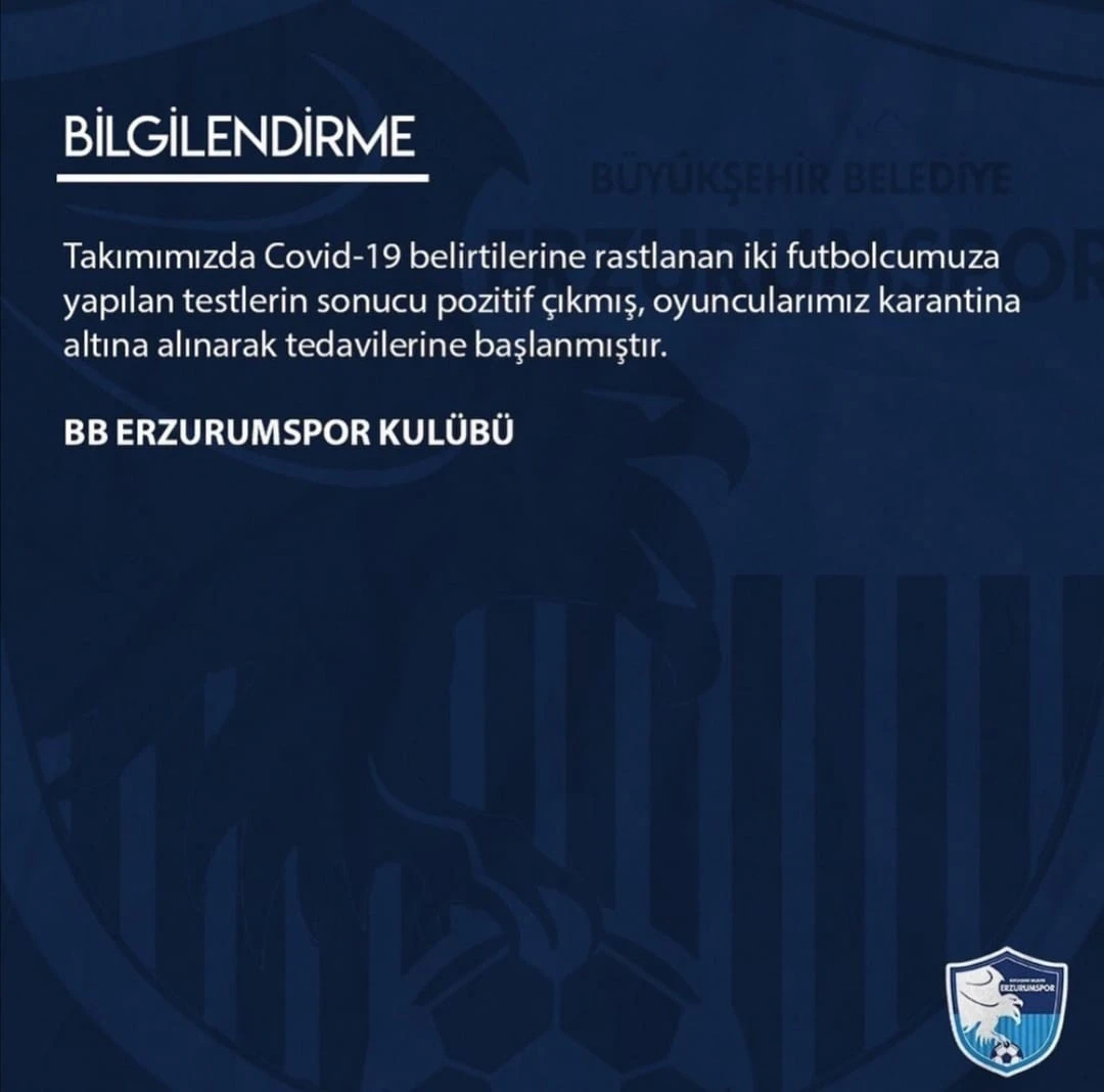 Büyükşehir Belediye Erzurumspor'da 2 futbolcu koronavirüse yakalandı