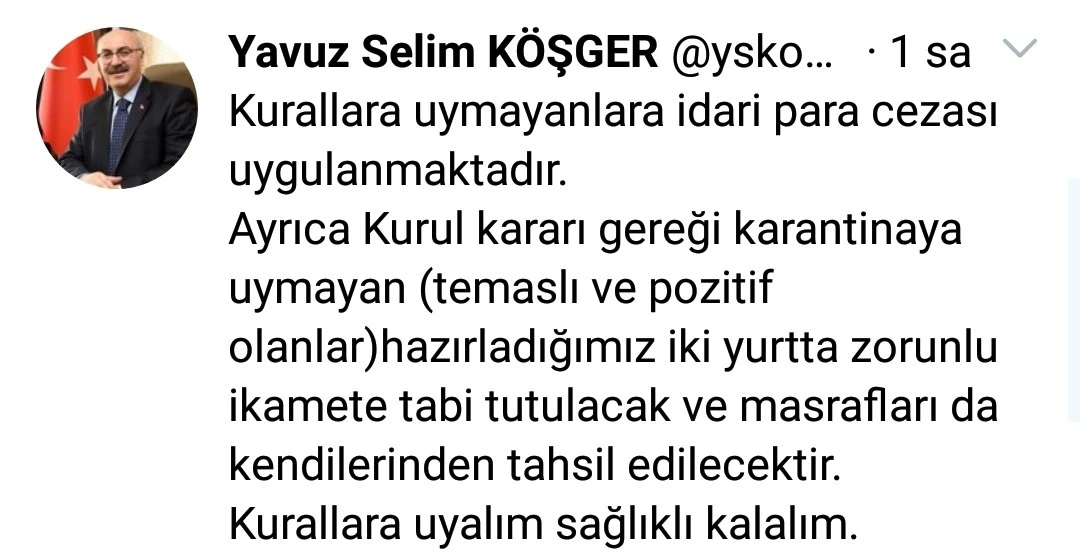 İzmir Valisi Köşger: Karantinaya uymayan yurtta zorunlu ikamete tabii tutulacak
