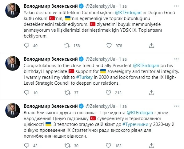 Zelenskiy, Erdoğan'ın doğum gününü kutladı