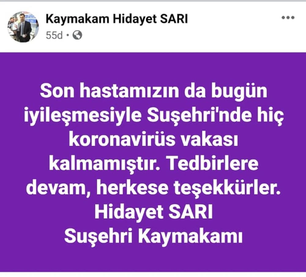 Sivas'ın Suşehri ilçesinde Covid-19 vakaları sıfırlandı: 25 bin nüfuslu ilçe virüsten arındı