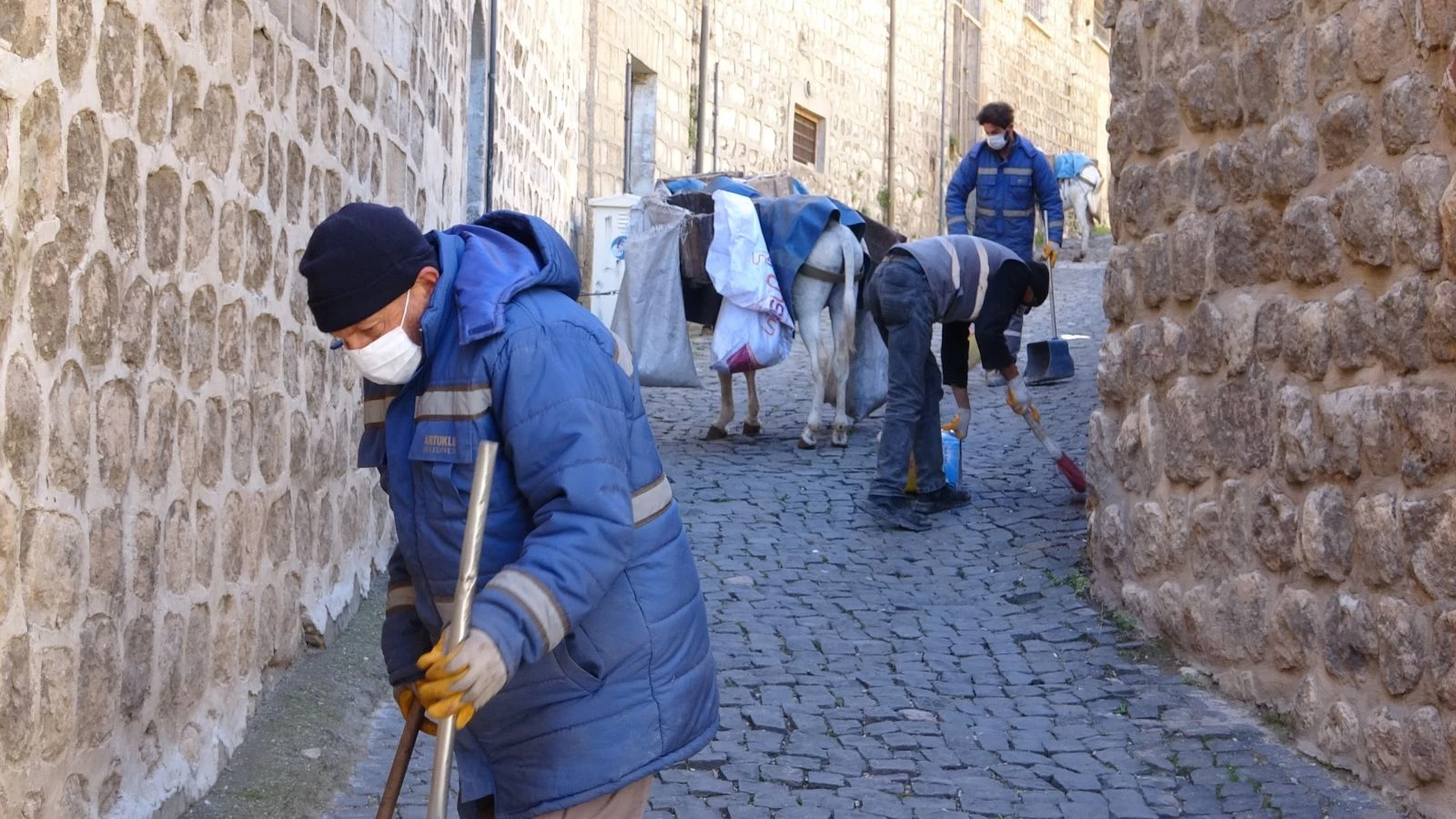 Kadrolu eşekler ilçenin çöp yükünü çekiyor