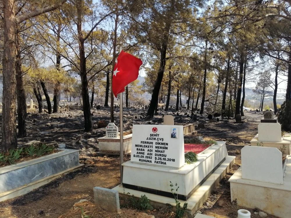 Çıkan yangında şehidimizin mezarı ve bayrağımız sapasağlam ayakta kaldı