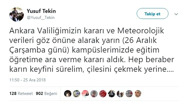 Ankara’da üniversite eğitimine kar molası