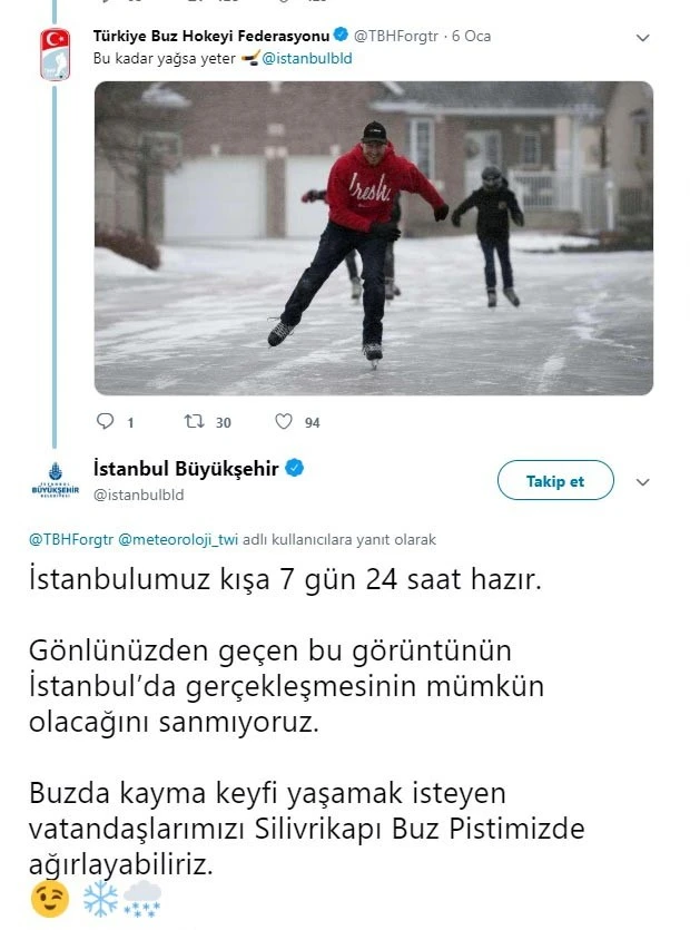 İBB’den Buz Hokeyi Federasyonuna  esprili kar cevabı