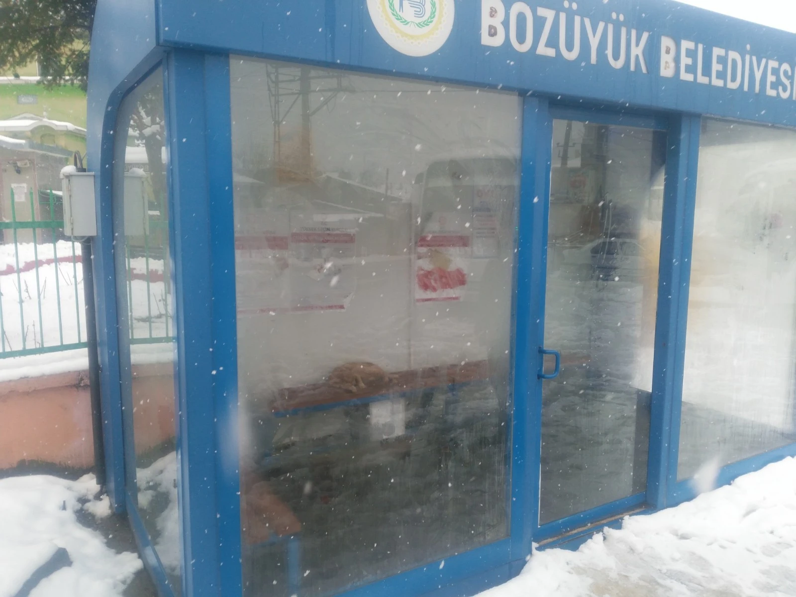 Soğuk ve kar yağışından korunmak için klimalı durağa sığındı