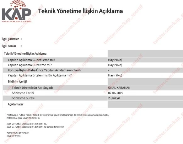 Trabzonspor, Ünal Karaman'ı KAP'a bildirdi