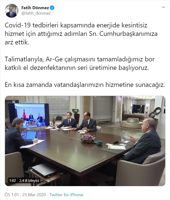 Bakan Dönmez: Bor katkılı el dezenfektanının seri üretimine başlıyoruz