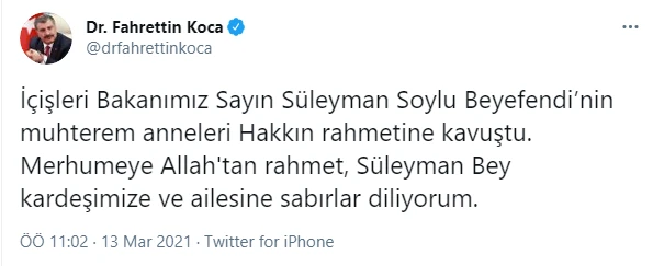 Süleyman Soylu'nun annesi vefat etti