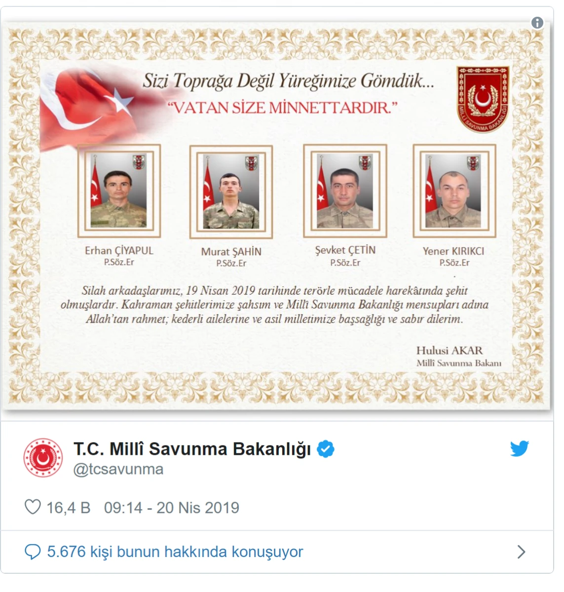 Milli Savunma Bakanı Akar'dan şehitler için taziye mesajı