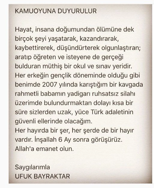 Cezaevindeki Ufuk Bayraktar'dan açıklama: 6 ay sonra görüşürüz!