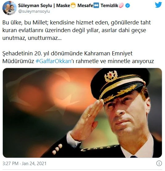 İçişleri Bakanı Soylu, şehit emniyet müdürü Gaffar Okkan'ı 20. yıl dönümünde andı