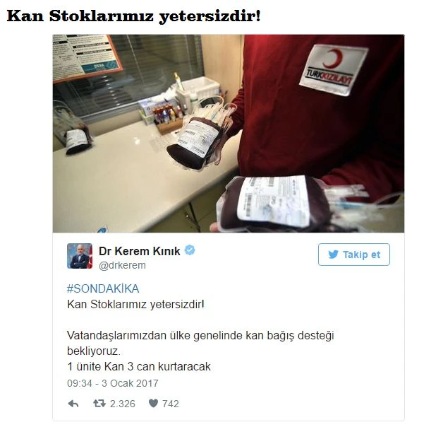 Türk Kızılayı Genel Başkanı Kerem Kınık: Kan stoklarımız yetersizdir