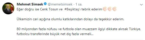 Başbakan Yardımcısı Şimşek'ten Cenk Tosun transferi ile ilgili açıklama