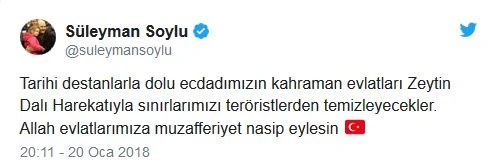 'Kahramanlarımız Zeytin Dalı Harekatı'yla sınırlarımızı teröristlerden temizleyecek'