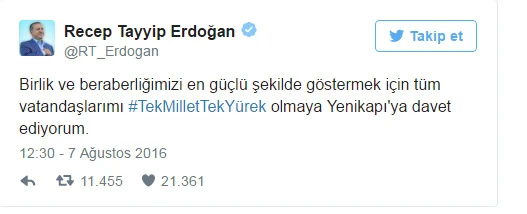 Cumhurbaşkanı Erdoğan'dan Yenikapı mitingi öncesi 'Tek Millet Tek Yürek' mesajı
