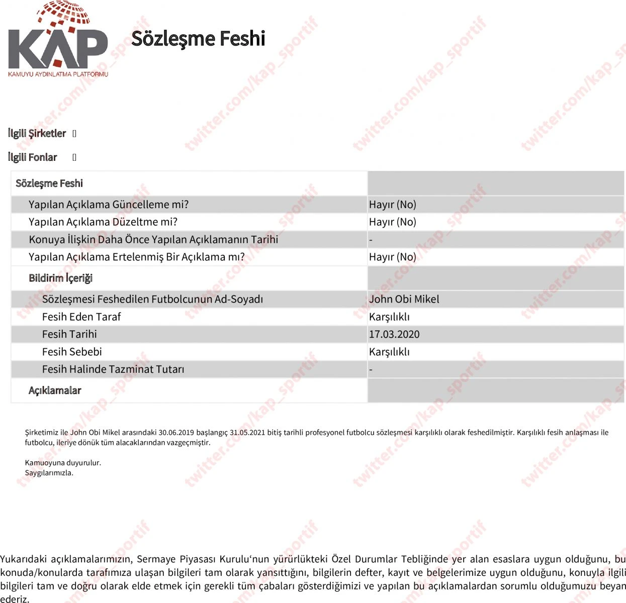 Trabzonspor'dan KAP'a açıklama