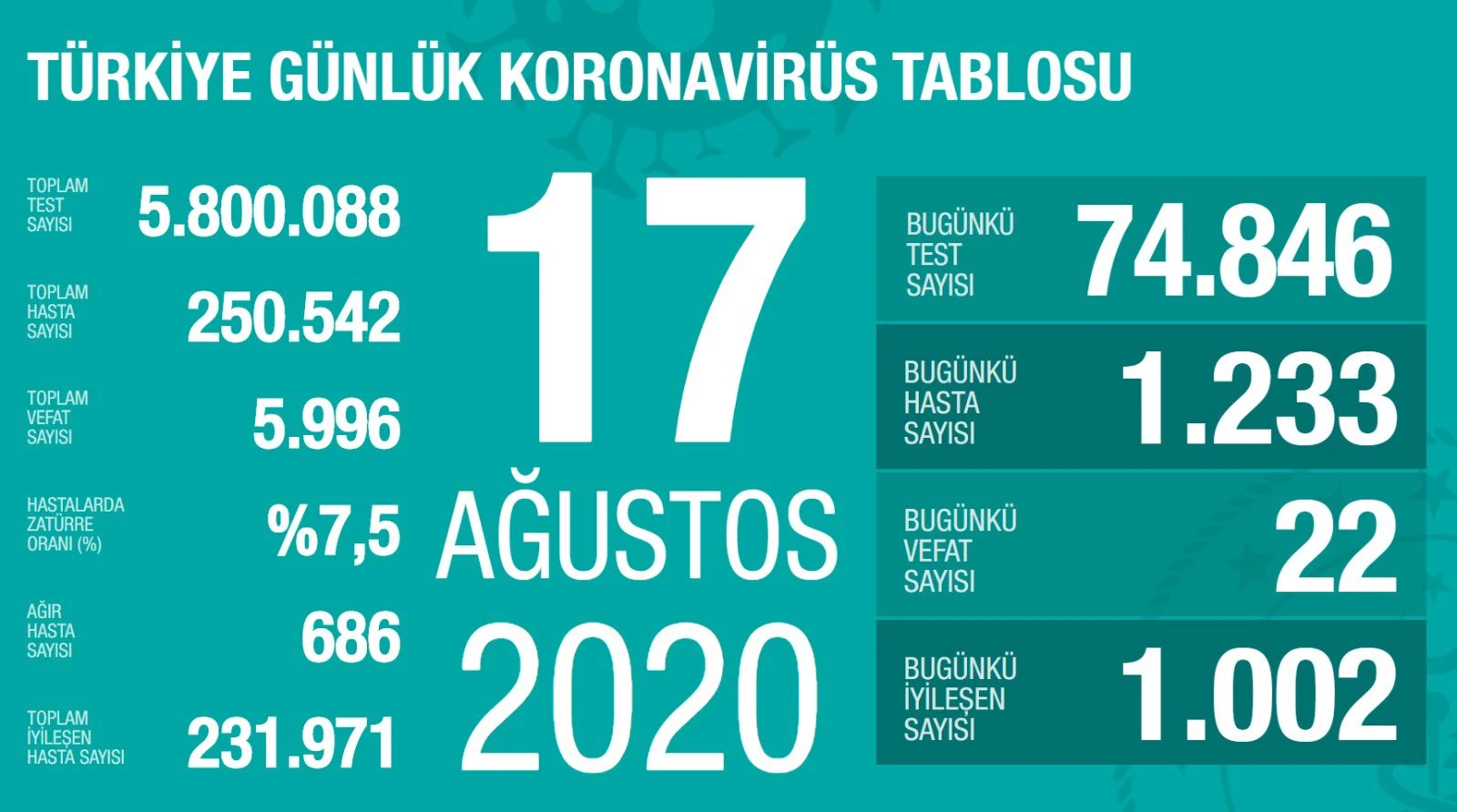 Türkiye'de koronavirüste son durum: 1233 yeni vaka, 22 can kaybı