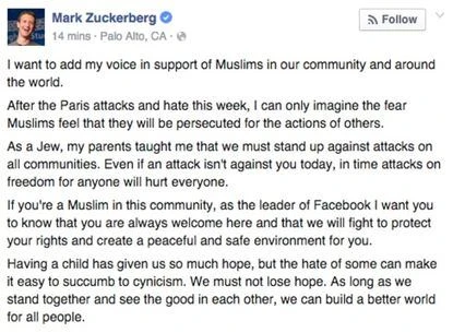 Zuckerberg'ten Müslümanlara destek mesajı