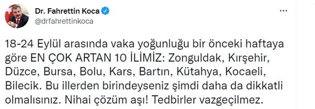 Son dakika... Bakan Koca paylaştı! İşte haftalık vaka sayısı haritası (18-24 Eylül vaka haritası)