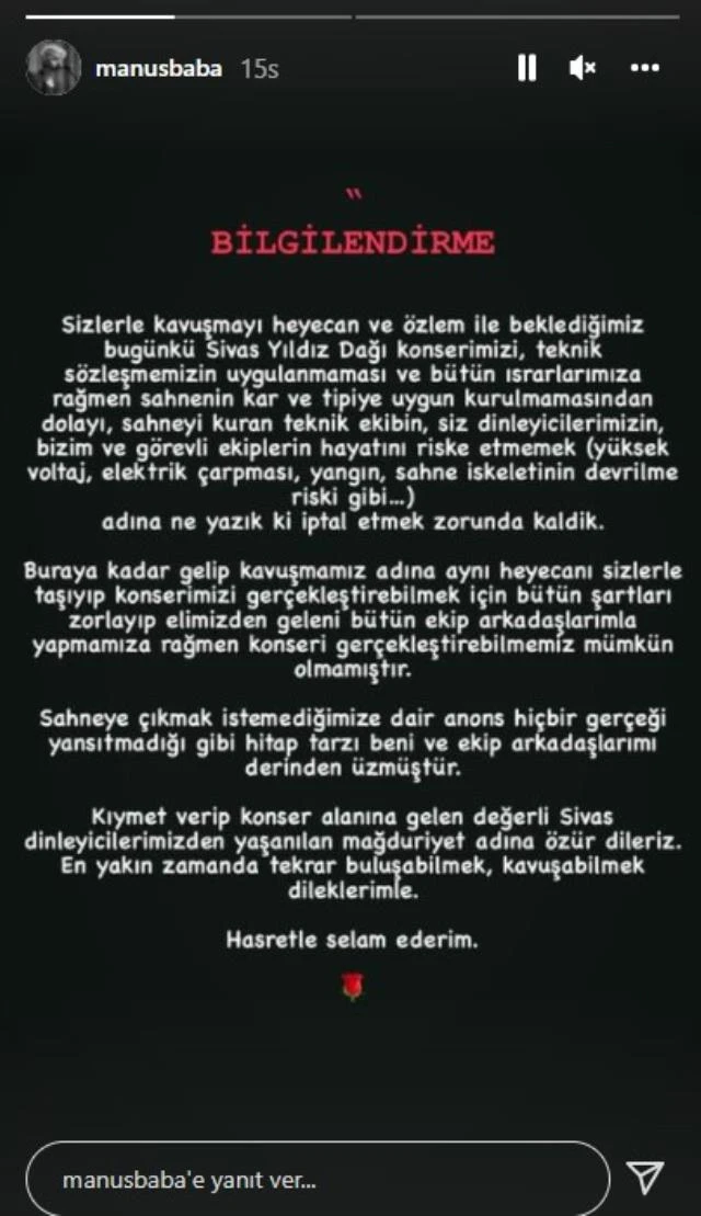 Soğuğu bahane ettiği iddia edilmişti! Manuş Baba Sivas’ta neden konsere çıkmadığını açıkladı