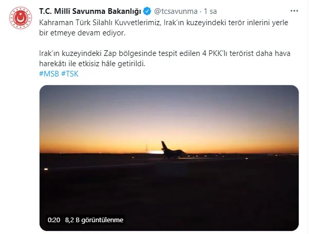 Irak'ın kuzeyindeki Zap bölgesinde 4 PKK'lı terörist hava harekatıyla etkisiz hale getirildi