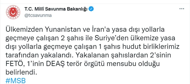 MSB duyurdu! Sınırda 1 DEAŞ 2 FETÖ'cü yakalandı