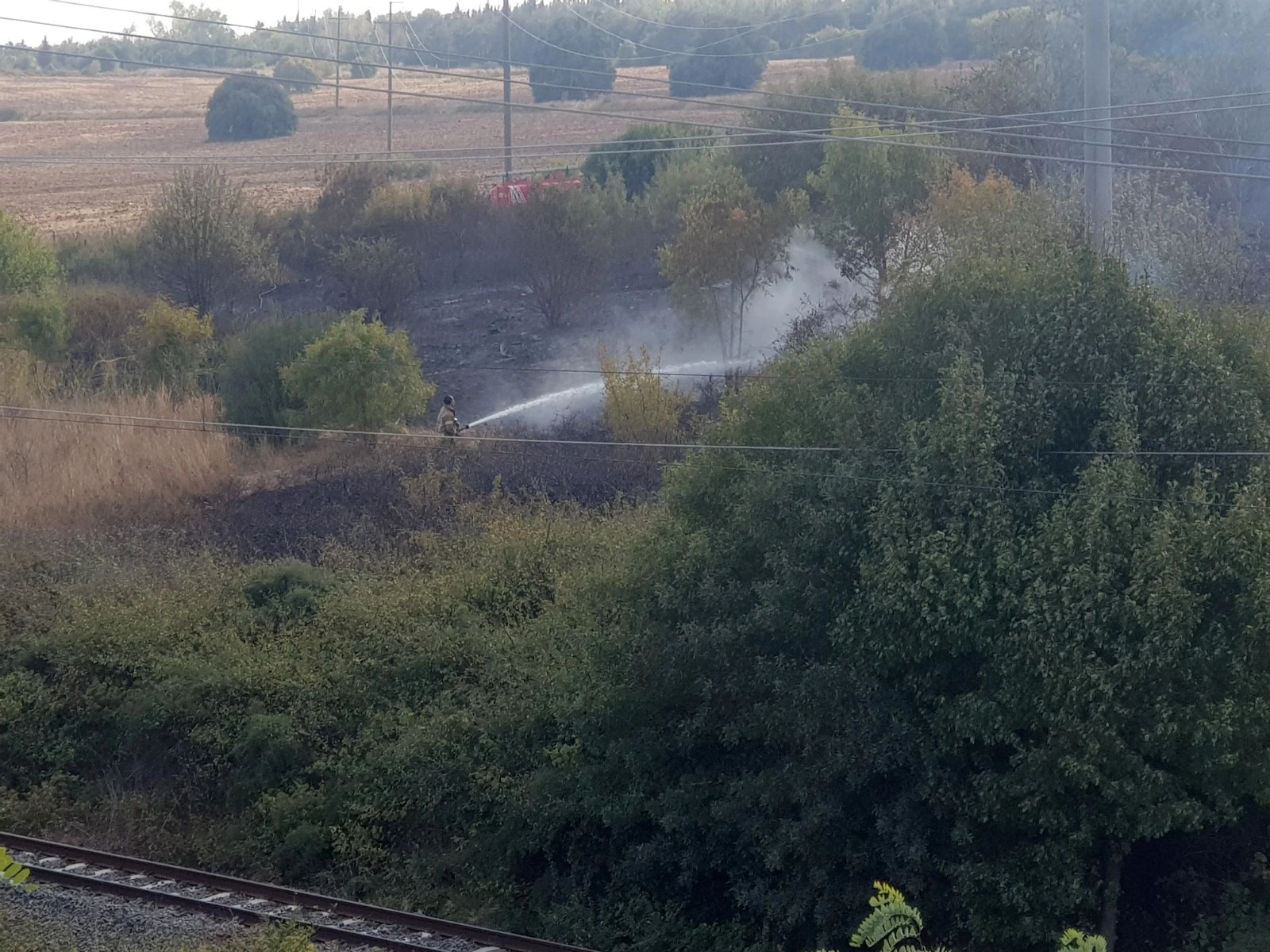 Küçükçekmece nükleer araştırma merkezi bahçesinde çıkan yangın tren yolunu tehdit etti