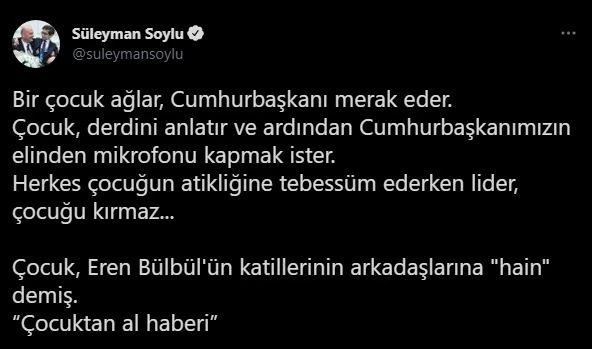 İçişleri Bakanı Soylu: Çocuk Eren Bülbül’ün katillerinin arkadaşlarına hain demiş