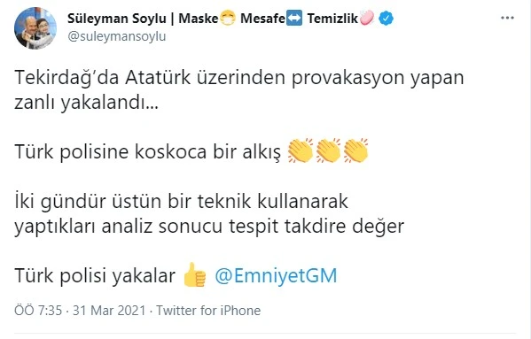 İçişleri Bakanı Soylu: Atatürk üzerinden provokasyon yapan zanlı Tekirdağ'da yakalandı