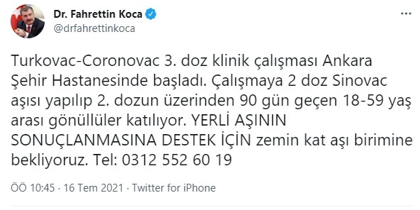 Bakan Koca: Turkovac-Coronovac 3. doz klinik çalışması başladı