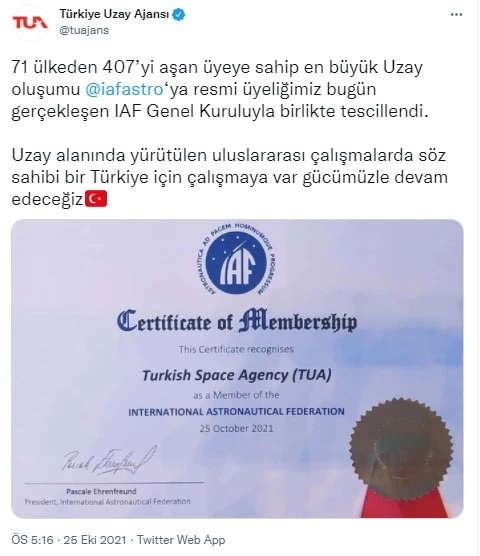 Türkiye Uzay Ajansı duyurdu: Resmen tescillendi, uzaya bir adım daha