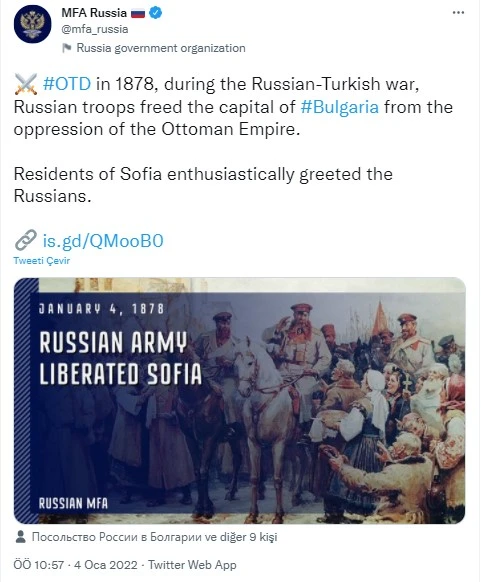 Rusya'dan küstah 93 Harbi paylaşımı: Rus askerleri Sofya'yı Osmanlı zulmünden kurtardı