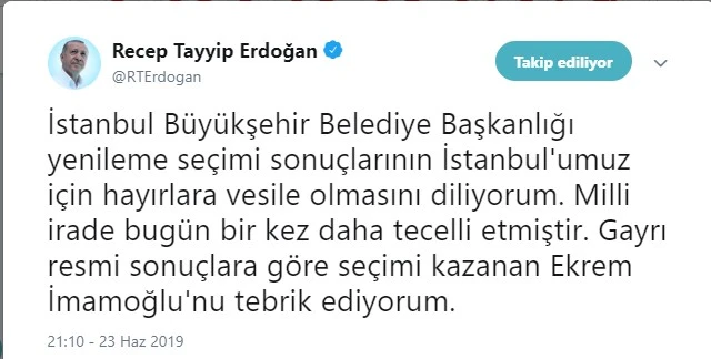 Cumhurbaşkanı Erdoğan: Milli irade tecelli etti