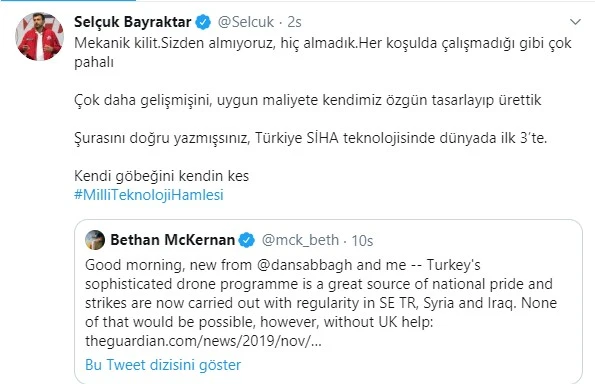 Bayraktar'dan The Guardian'a yerli ve milli cevabı: Kendi göbeğimizi kendimiz kestik