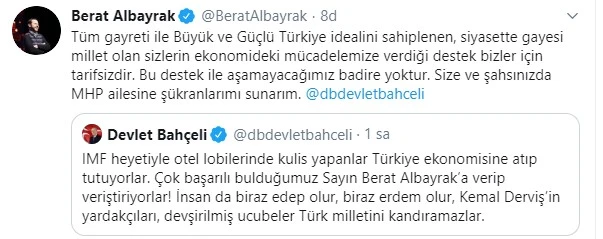 Bakan Albayrak'tan Devlet Bahçeli'ye teşekkür