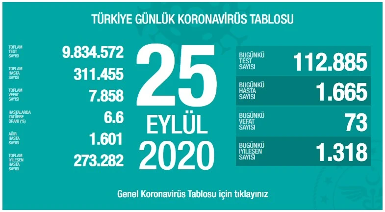Türkiye'de koronavirüste son durum: 1665 yeni vaka, 73 can kaybı