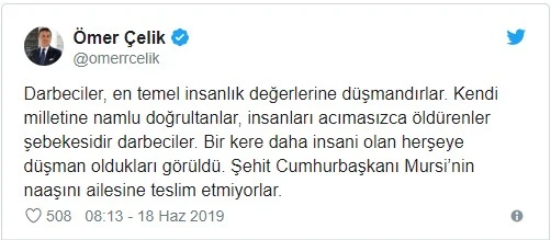AK Parti Sözcüsü Ömer Çelik: Darbeciler Mursi'nin naaşından korkuyor