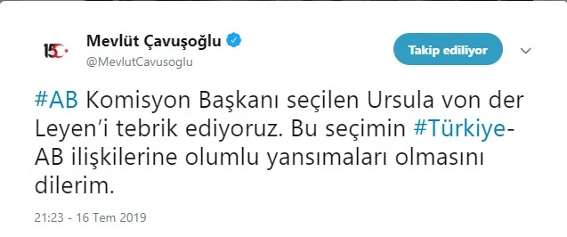 Çavuşoğlu'ndan AB Komisyonu Başkanı seçilen Leyen'e tebrik