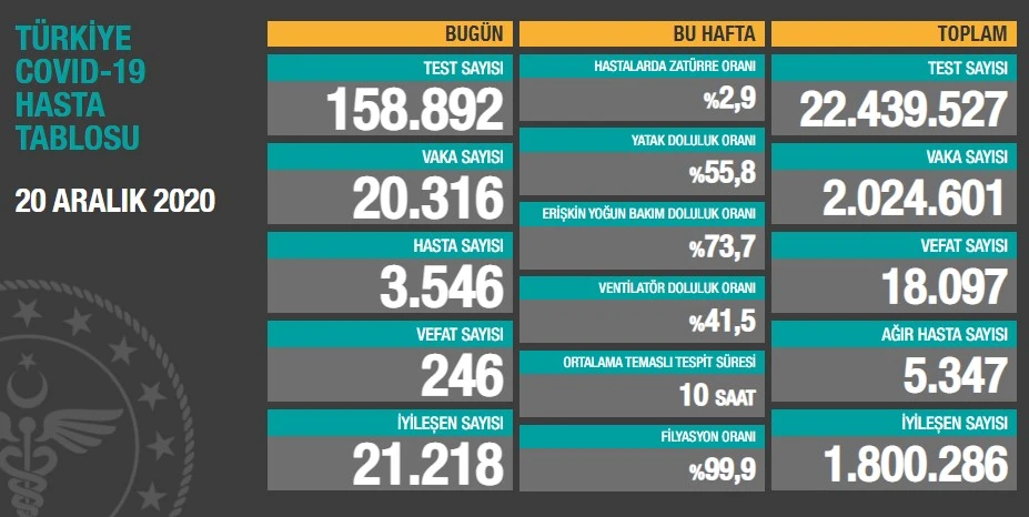 Türkiye’de koronavirüste son durum: 20.316 yeni vaka, 246 can kaybı