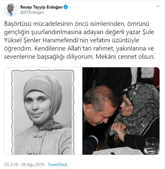 Cumhurbaşkanı Erdoğan'dan Şule Yüksel Şenler için başsağlığı mesajı