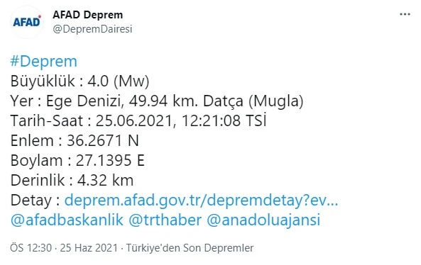 Muğla Datça açıklarında 4 büyüklüğünde deprem