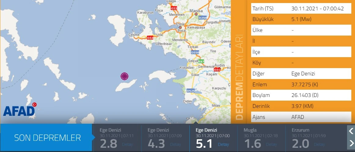 Ege Denizi'nde 5.1 büyüklüğünde deprem