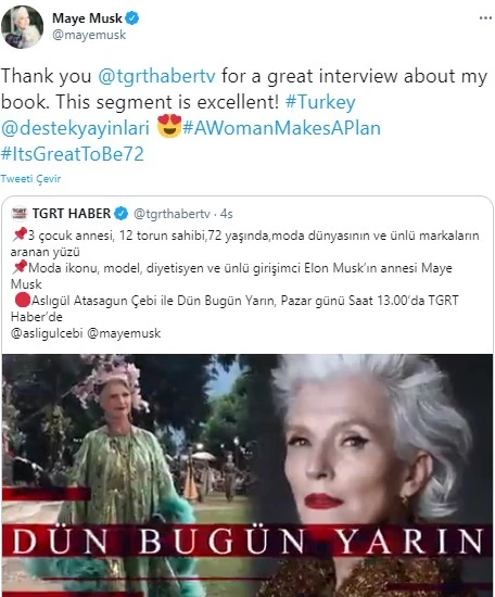 Elon Musk'ın annesi Maye Musk'tan TGRT Haber'e teşekkür