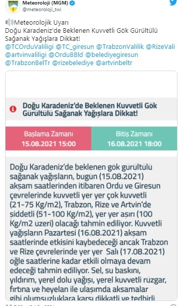 Doğu Karadeniz için sağanak uyarısı