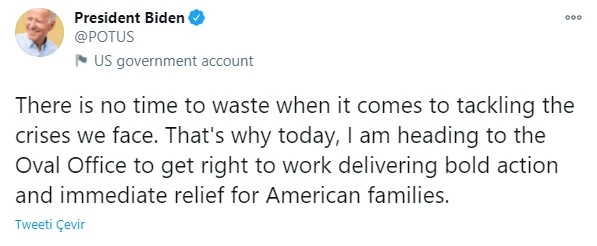 Biden, başkanlık hesabından ilk tweetini attı