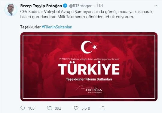 Cumhurbaşkanı Erdoğan'dan Filenin Sultanları'na tebrik
