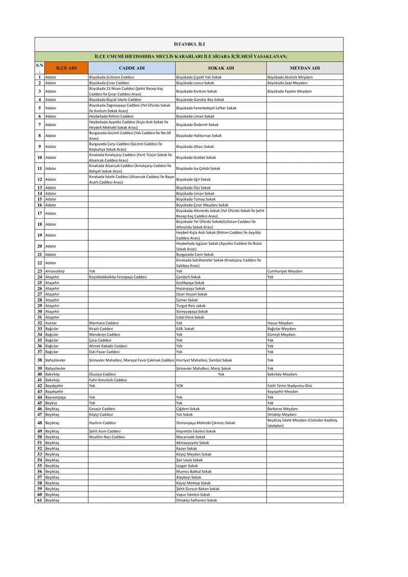 İstanbul'da sigara içme yasağı listesi yayınlandı